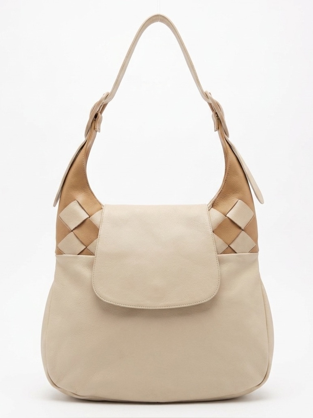 Vintage Italian Leather Woven Hobo Shoulder Bag - Cream & Tan - Boho Chic